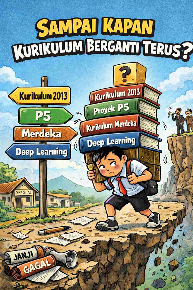 Sampai Kapan Kurikulum Berganti? Ilustrasi dibuat AI