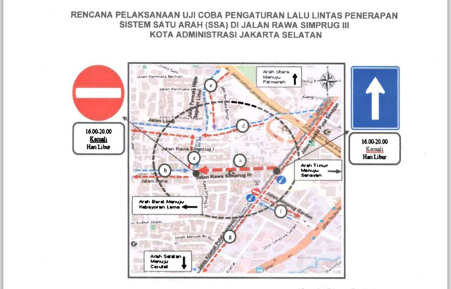 Peta rencana uji coba pengaturan lalu lintas penerapan sistem satu arah di Jalan Rawa Simprug III, Jakarta Selatan. Foto: Dok. Dishub DKI Jakarta