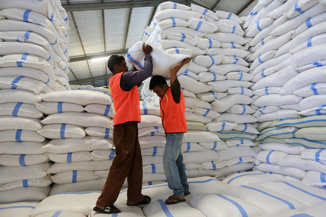 Pekerja menngangkut karung beras dari serapan gabah petani di Gudang Perum Bulog cabang Meulaboh, Aceh Barat, Aceh, Rabu (7/1/2026). Foto: Syifa Yulinnas/ANTARA FOTO