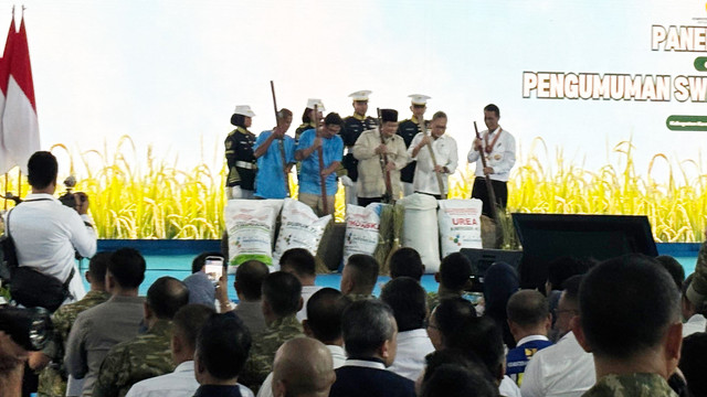 Presiden Prabowo dalam acara Panen Raya dan Pengumuman Swasembada Pangan di Kabupaten Karawang, Jawa Barat pada Rabu (7/1). Foto: Argya Maheswara/kumparan