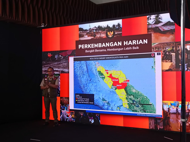 Kepala Pusat Data Informasi dan Komunikasi Kebencanaan BNPB, Abdul Muhari menyampaikan perkembangan harian mengenai penanganan bencana Sumatra di Graha BNPB, Jakarta Timur, Jumat (9/1/2025). Foto: Ryan Iqbal/kumparan