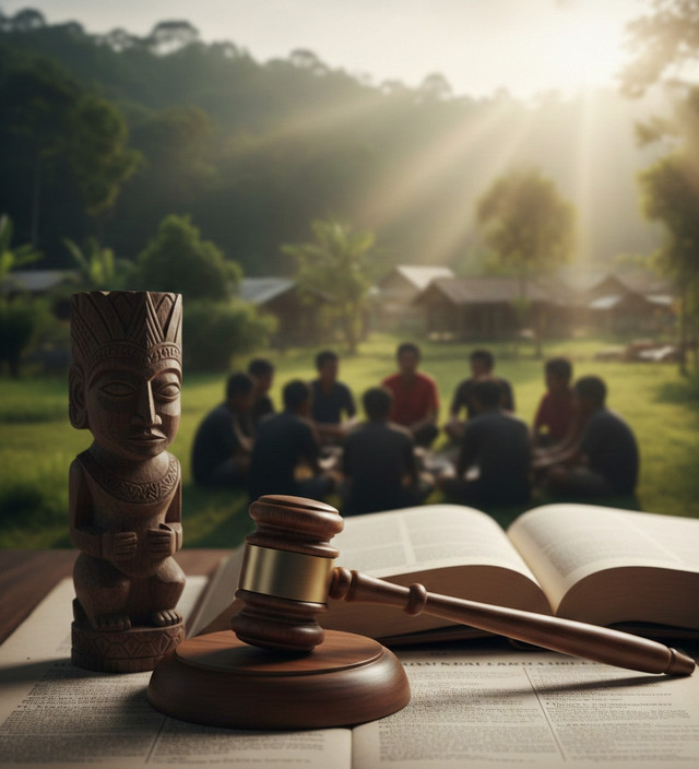 Foto ini menggambarkan perpaduan simbolik antara sistem hukum modern dan kearifan lokal. Di latar depan, sebuah palu hakim (simbol hukum formal) berdampingan dengan ukiran patung leluhur atau benda adat (simbol hukum adat), diletakkan di atas lembaran kitab undang-undang yang terbuka. Di latar belakang, terlihat siluet masyarakat adat yang sedang berdiskusi di sebuah balai pertemuan tradisional, dengan lanskap hutan atau desa yang asri. Cahaya matahari pagi menyinari pemandangan, melambangkan harapan akan harmoni dan keadilan yang utuh.​Sumber Daya: Gambar dihasilkan oleh AI.