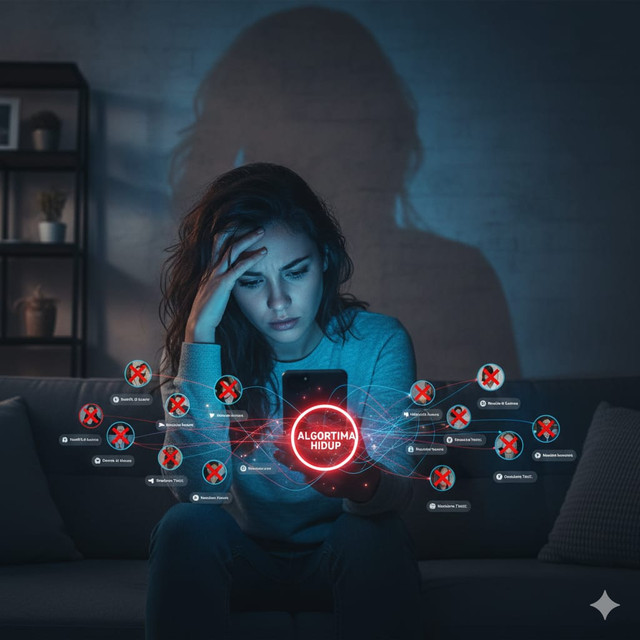 Ilustrasi Algoritma: Seseorang yang sedang melihat layar smartphone yang menampilkan simbol "konflik" secara berulang, dengan bayangan dirinya yang tampak sedang berpikir keras (mencerminkan konsep FYP/Algoritma Hidup). Gambar ini dihasilkan dari Gemini AI.