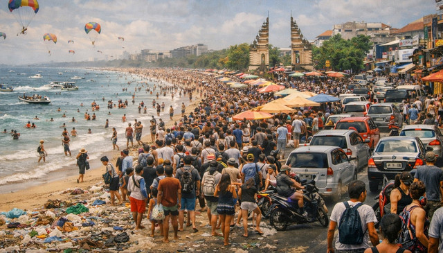 Ilustrasi overtourism yang terjadi di Kuta. sumber foto: Generate AI