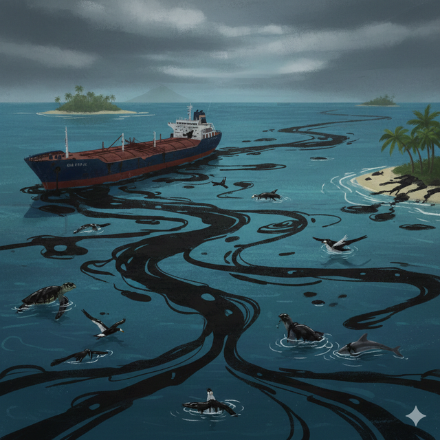 Gambar 1. Ilustrasi tumpahan minyak yang mengakibatkan kerusakan ekosistem laut (Sumber : Ai)