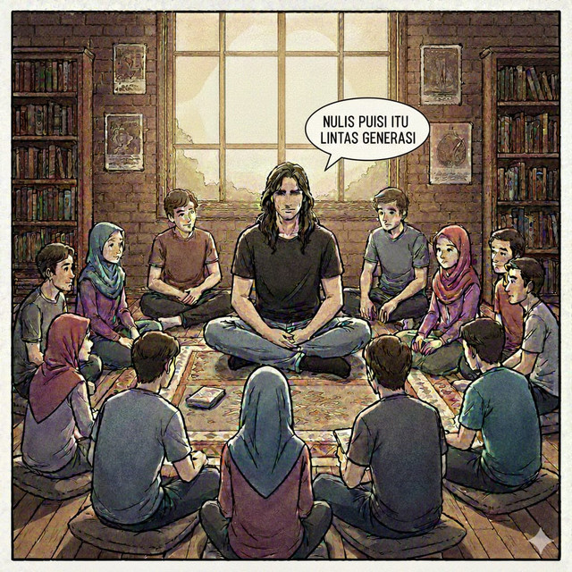 Ilustrasi kegiatan diskusi sastra tentang menulis puisi di rumah seorang budayawan. (Sumber: Gemini 3 AI)