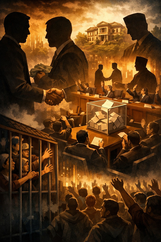 Ilustrasi dinamika politik lokal dalam wacana Pilkada lewat DPRD di Indonesia. Terlihat para elit politik bertransaksi di ruang rapat tertutup, sementara rakyat berada di luar sistem representasi formal. (Sumber foto: Idisign)