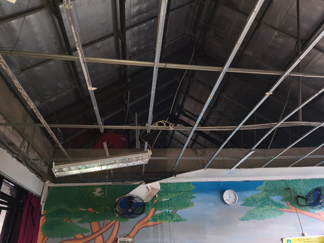 Kondisi ruang kelas SDN Pademangan Timur 05 akibat diguyur hujan deras pada Senin pagi (12/1). Foto: Jeni Ritanti/kumparan