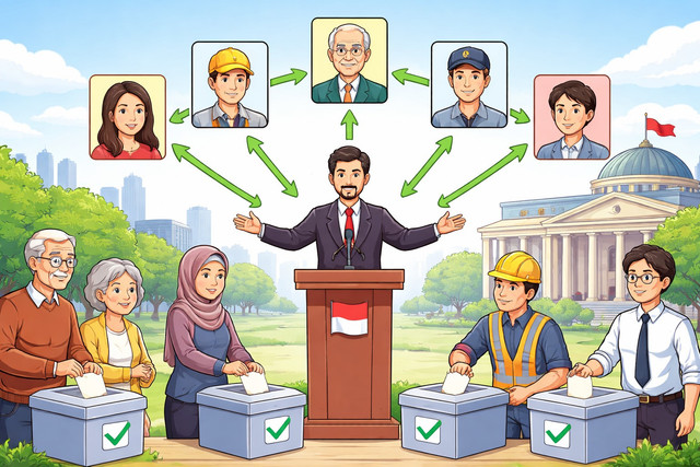 Ilustrasi konsep demokrasi delegatif di mana warga menyerahkan mandat politik kepada satu figur pemimpin untuk menyuarakan kepentingan mereka. Setiap individu tetap ikut dalam pemilihan, namun arah kebijakan, kompromi, dan keputusan publik terpusat pada tokoh yang mereka delegasikan. (Sumber foto: Idisign)