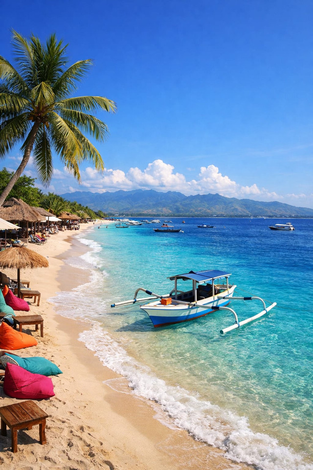 Pantai Gili tampak cerah dengan pasir putih, laut biru jernih bergradasi, dan pohon kelapa yang melengkung. Di tepi pantai ada kursi berjemur, sementara perahu tradisional terlihat di permukaan air tenang dengan latar gunung di kejauhan. kreator memberi label AI.