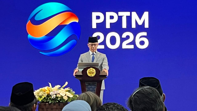 Menteri Luar Negeri Sugiono menyampaikan Pernyataan Pers Tahunan Menteri Luar Negeri Republik Indonesia (PPTM) 2026 di Ruang Nusantara Kemlu, Jakarta Pusat, Rabu (14/1). Foto: Nasywa Athifah/kumparan