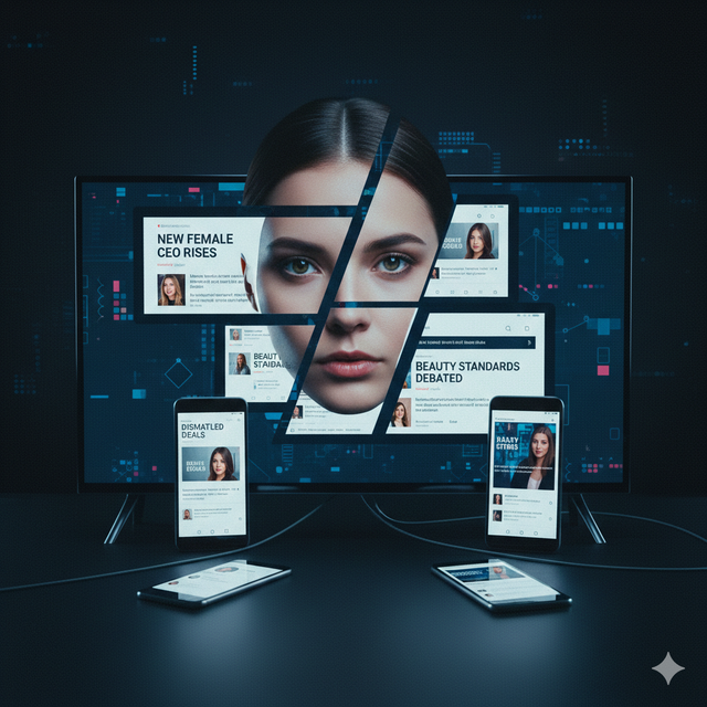 Ilustrasi menampilkan wajah perempuan yang terfragmentasi oleh layar media, merepresentasikan bagaimana identitas perempuan kerap dibingkai, dipotong, dan dikonstruksi ulang oleh narasi media. (Foto: Ilustrasi AI oleh Gemini)