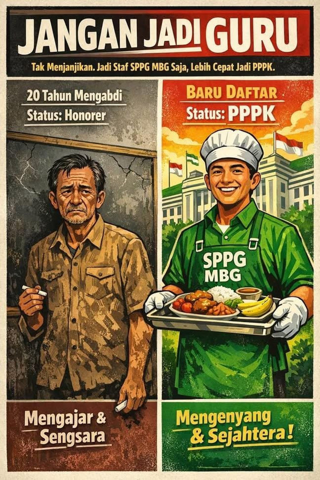 Mengabdi puluhan tahun tak selalu sejahtera, kebijakan sering menentukan nasib guru. (Sumber: Dokumentasi Threads, diakses 14 Januari 2026)