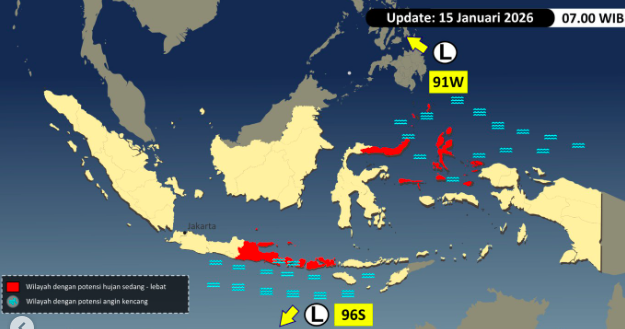 Dua bibit badai terbentuk, waspadai cuaca ekstrem di daerah berwarna merah, Kamis (15/1/2026). Foto: BMKG