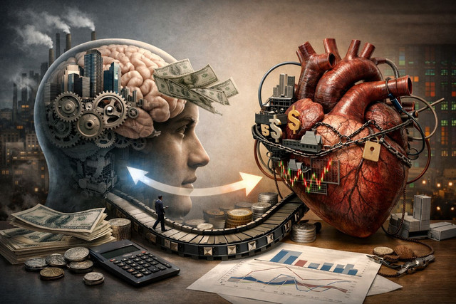 Ilustrasi modernisasi kapitalisme yang mempengaruhi hati dan pikiran manusia memandang kehidupan. (Foto dibuat menggunakan AI)