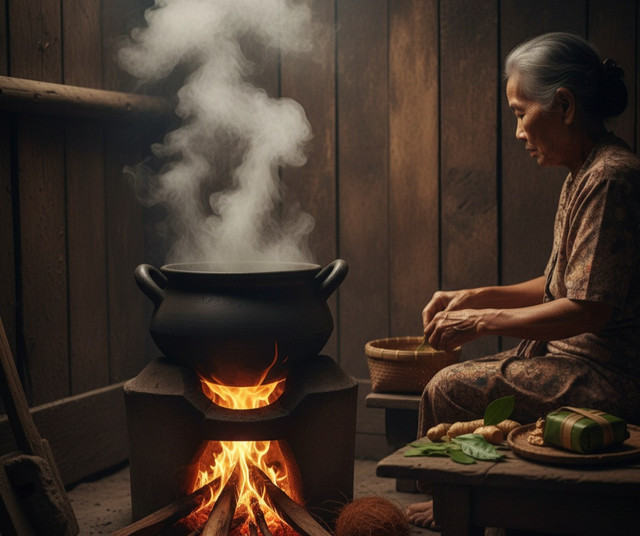 Di balik kuali tanah liat. Aroma semangit yang bagi orang awam terdengar seperti akhir dari sebuah bahan makanan, di sini justru menjadi awal dari sebuah transformasi rasa. Ilstrasi: AI