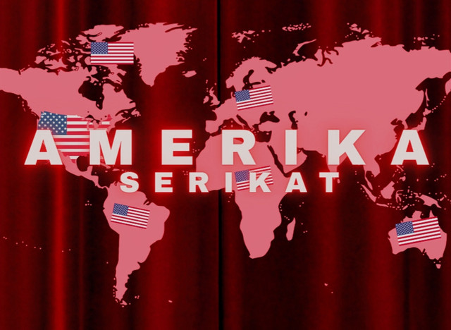 Ilustrasi peta dunia dengan simbol kehadiran Amerika Serikat di berbagai kawasan. (Sumber: Ilustrasi pribadi)