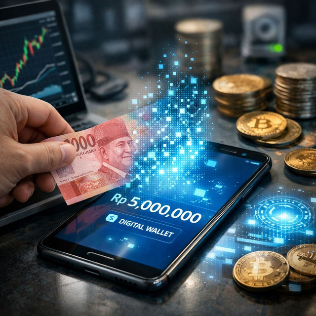 Ilustrasi transformasi uang fisik ke dalam bentuk teknologi digital (Foto ini dibuat oleh AI)