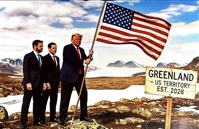 Foto yang diambil dari sosial media Truth menunjukkan Presiden AS Donald Trump mengibarkan bendera di tanah Greenland. Foto: Truth/ Donald Trump
