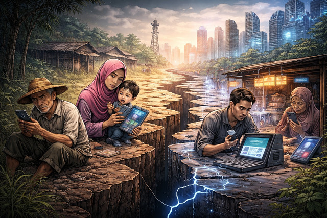 Ilustrasi ketimpangan digital di Indonesia: kota berlari cepat, warga di pinggiran tertinggal karena akses dan literasi digital belum merata. (Sumber foto: Idisign)