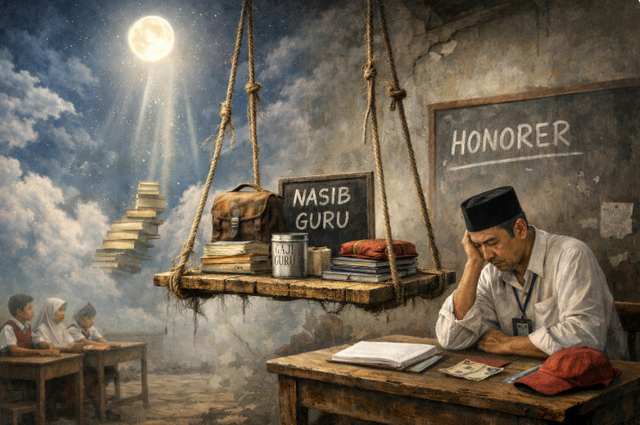 Syaban mengangkat amal, tetapi kesejahteraan guru masih menunggu keadilan. Foto: AI Generated