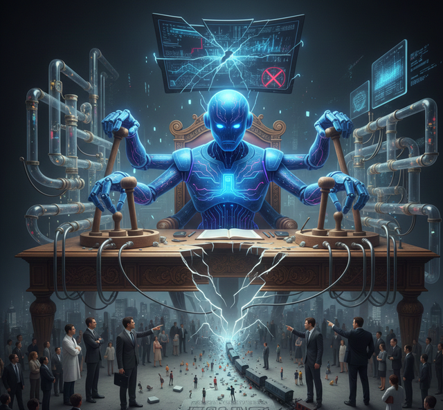 Gambar ini mengilustrasikan kompleksitas hubungan antara teknologi, kebijakan publik, dan tanggung jawab manusia. (Sumber foto: Idisign)