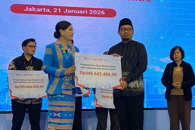 Penyerahan Rp 161 miliar dana masyarakat korban scam oleh Indonesia Anti-Scam Centre, di Gedung AA Maramis Jakarta Pusat, Rabu (21/1/2026). Foto: Muhammad Fhandra/kumparan