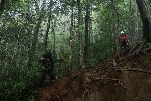 Tim SAR gabungan membawa paket kotak hitam pesawat ATR 42-500 menuruni lereng Gunung Bulusaraung di Desa Tompo Bulu, Kabupaten Pangkajene dan Kepulauan, Sulawesi Selatan, Rabu (21/1/2026). Foto: Arnas Padda/ANTARA FOTO
