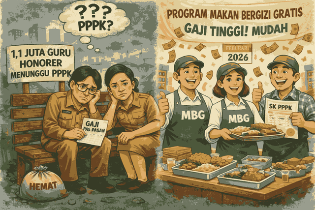 Piring sekolah terisi, tapi pengabdian guru masih menunggu keadilan. Foto: Generated AI