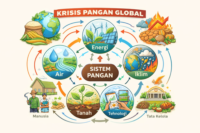 Ilustrasi krisis pangan global dan keterkaitan sistem pangan, air, energi, dan iklim (Sumber : AI Generated)