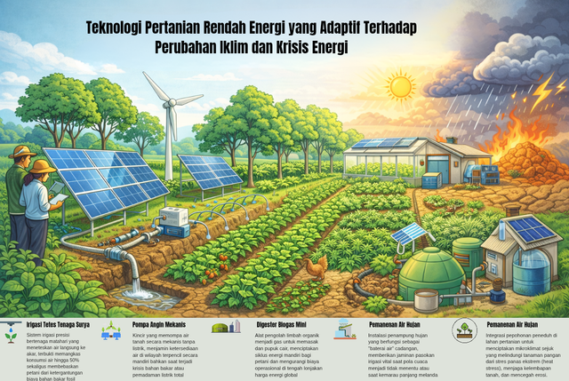 Ilustrasi teknologi pertanian rendah energi yang adaptif terhadap krisis iklim dan energi (Sumber : AI Generated)