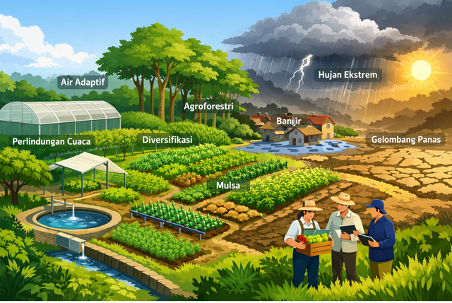 Ilustrasi adaptasi pertanian terhadap perubahan iklim melalui sistem produksi yang tangguh. Foto: AI Generated