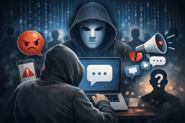 Sumber foto:Ilustrasi digital buatan AI (DALL·E / OpenAI). Ilustrasi anonimitas digital yang memengaruhi etika, emosi, dan tanggung jawab online.