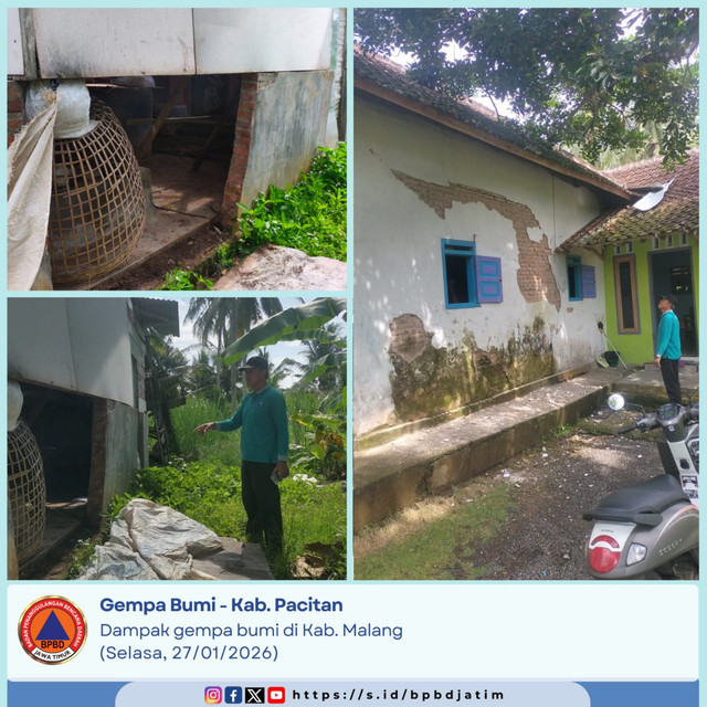 Sejumlah bangunan di Kabupaten Malang rusak akibat gempa di Pacitan, Jawa Timur, Selasa (27/1/2026). Foto: Dok. BPBD Jawa Timur