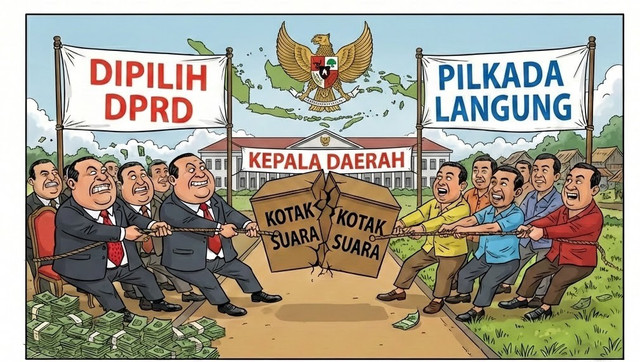 ilustrasi tarik menarik kepentingan pembahasan mekanisme pilkada, (dibuat lewat gemini AI)