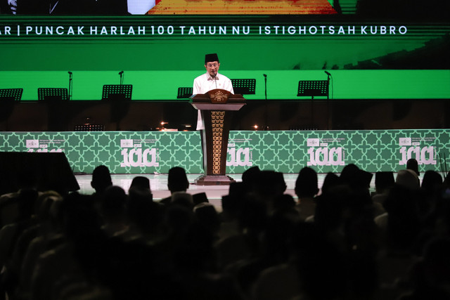 Menag Nasaruddin Umar menyampaikan sambutan pada Harlah ke-100 tahun NU di Istora Senayan, Jakarta, Sabtu (31/1/2026). Foto: Jamal Ramadhan/kumparan