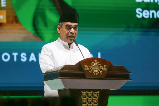 Ketua MPR RI Ahmad Muzani menyampaikan sambutan pada Harlah ke-100 tahun NU di Istora Senayan, Jakarta, Sabtu (31/1/2026). Foto: Jamal Ramadhan/kumparan