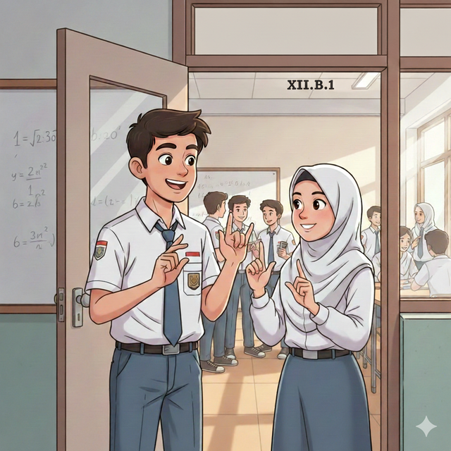 Ilustrasi dua murid SLB dari ketunaan wicara (B[ahasa]) tengah berbincang dengan bahasa isyarat saat jam istirahat. (Sumber: Gemini 3 AI)