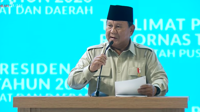 Presiden Prabowo memberikan sambutan di Rapat Koordinasi Nasional Pemerintah Pusat dan Daerah 2026. Foto: You Tube RI Kemendagri