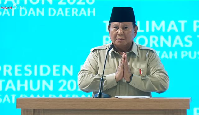 Presiden Prabowo memberikan sambutan di Rapat Koordinasi Nasional Pemerintah Pusat dan Daerah 2026. Foto: You Tube RI Kemendagri