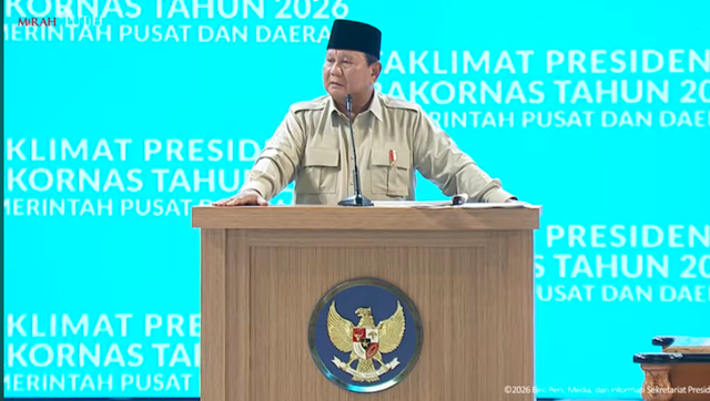 Presiden Prabowo Subianto memberikan sambutan di Rakornas Pemerintah Pusat dan Daerah Tahun 2026. Foto: You Tube Kemendagri RI