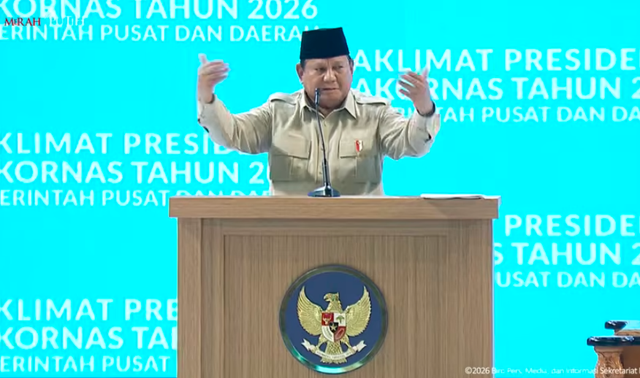 Presiden Prabowo Subianto memberikan sambutan di Rakornas Pemerintah Pusat dan Daerah Tahun 2026. Foto: You Tube Kemendagri RI