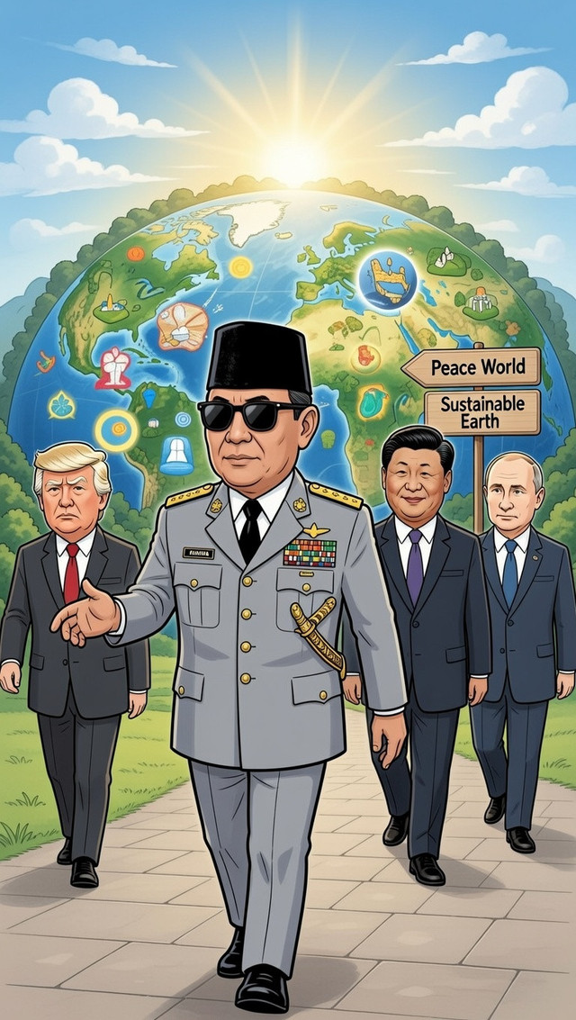 ilustrasi pikiran bung karno menavigasi masa depan dunia (dibuat dengan grok AI)