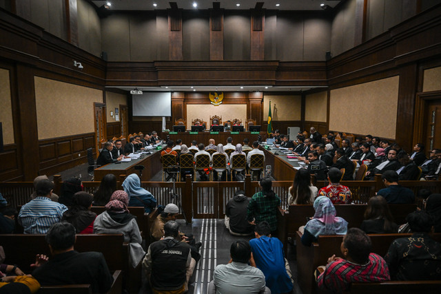 Ilustrasi suasana sidang kasus dugaan pemerasan dalam pengurusan sertifikat K3 di Kementerian Ketenagakerjaan Immanuel Ebenezer di Pengadilan Tipikor, Jakarta. Foto: Bayu Pratama S/ANTARA FOTO