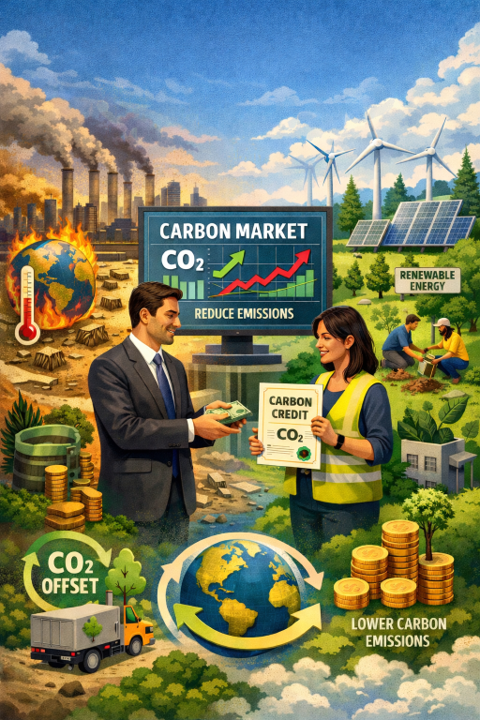 Ilustrasi pasar karbon. (Dok. AI)