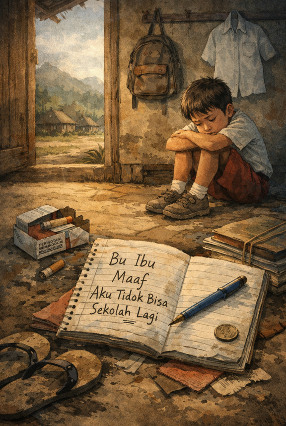 “Ketika buku dan pulpen menjadi kemewahan, mimpi anak-anak pun ikut dipertaruhkan.” (Sumber: AI Generated)