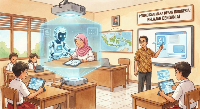 Ilustrasi penggunaan ai di ruang kelas (Sumber: Nano Gemini dengan instruksi: AI dalam dunia pendidikan di Indonesia)