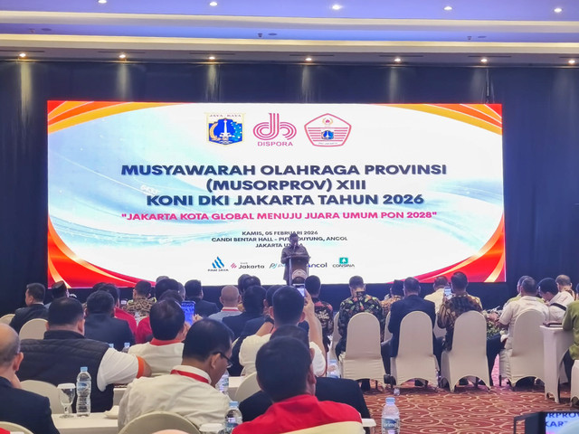Gubernur DKI Jakarta, Pramono Anung, saat memberikan sambutan di Pembukaan Musyawarah Olahraga Provinsi (Musorprov) ke-XII KONI DKI Jakarta Tahun 2026 di Candi Bentar, Ancol, Jakarta Utara, Kamis (5/2/2026). Foto: Jeni Ritanti/kumparan