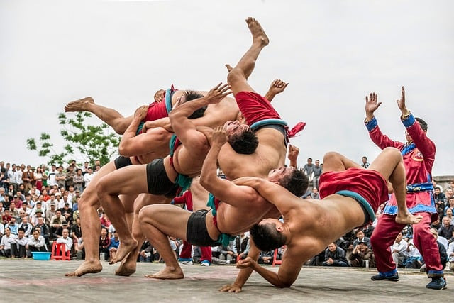 Sekelompok pemuda sedang bermain gulat di tengah kerumunan penonton. Sumber: pixabay.com