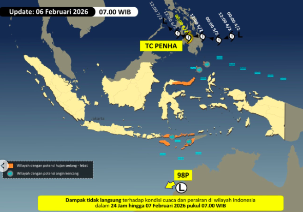 Siklon Tropis Penha di laut Filipina dan Bibit Siklon 98 P mempengaruhi cuaca dan gelombang lau di Indonesia,  6/2/2026 Foto: Dok. BMKG